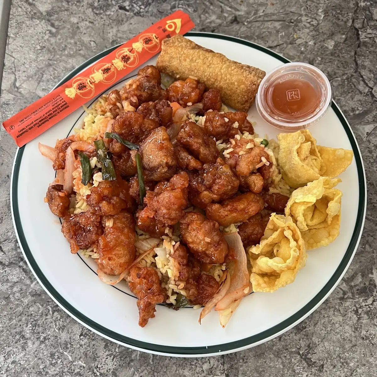 General TSO’S Chicken Crab Rangoon Egg Roll