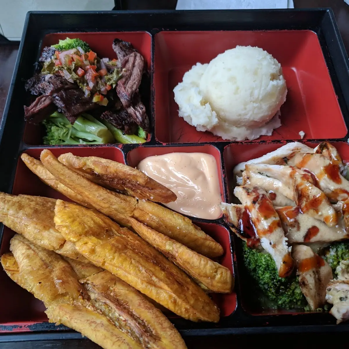 Box 3 Churrasco Grilled Chicken Served w Mashed Potatoes Tostones & Vegetables
