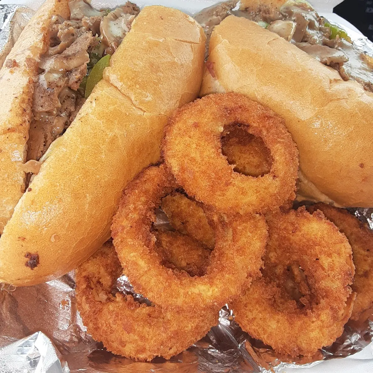 Steak Sub and Onion Rings