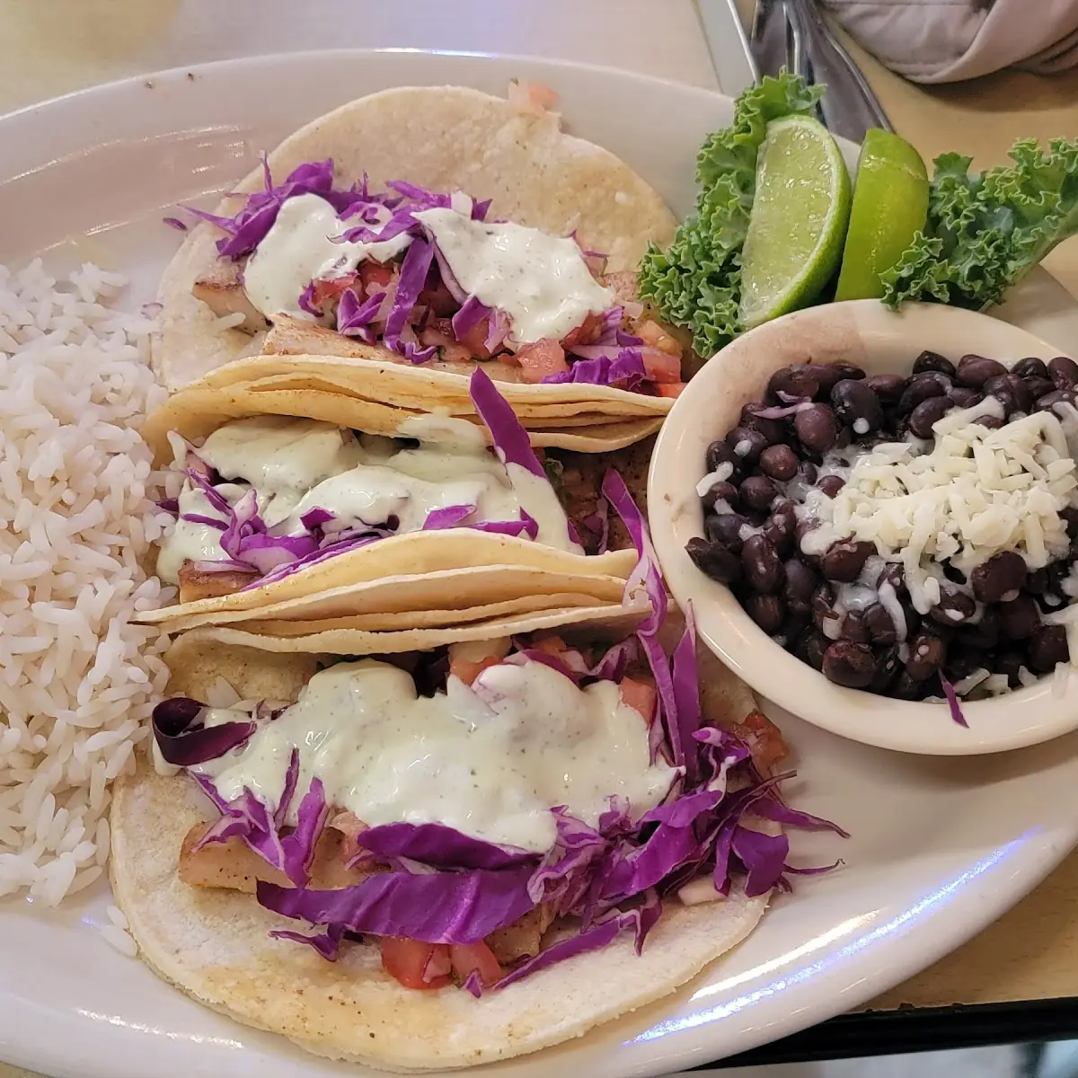 Combination Plate Grilled Mahi Mahi with White Rice and Black Beans