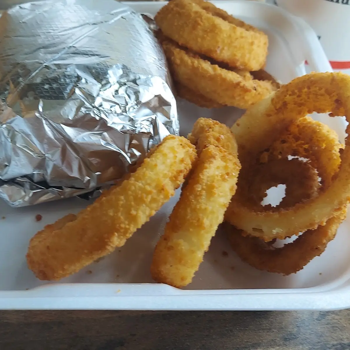Steak Style Cheeseburger with Onion Rings