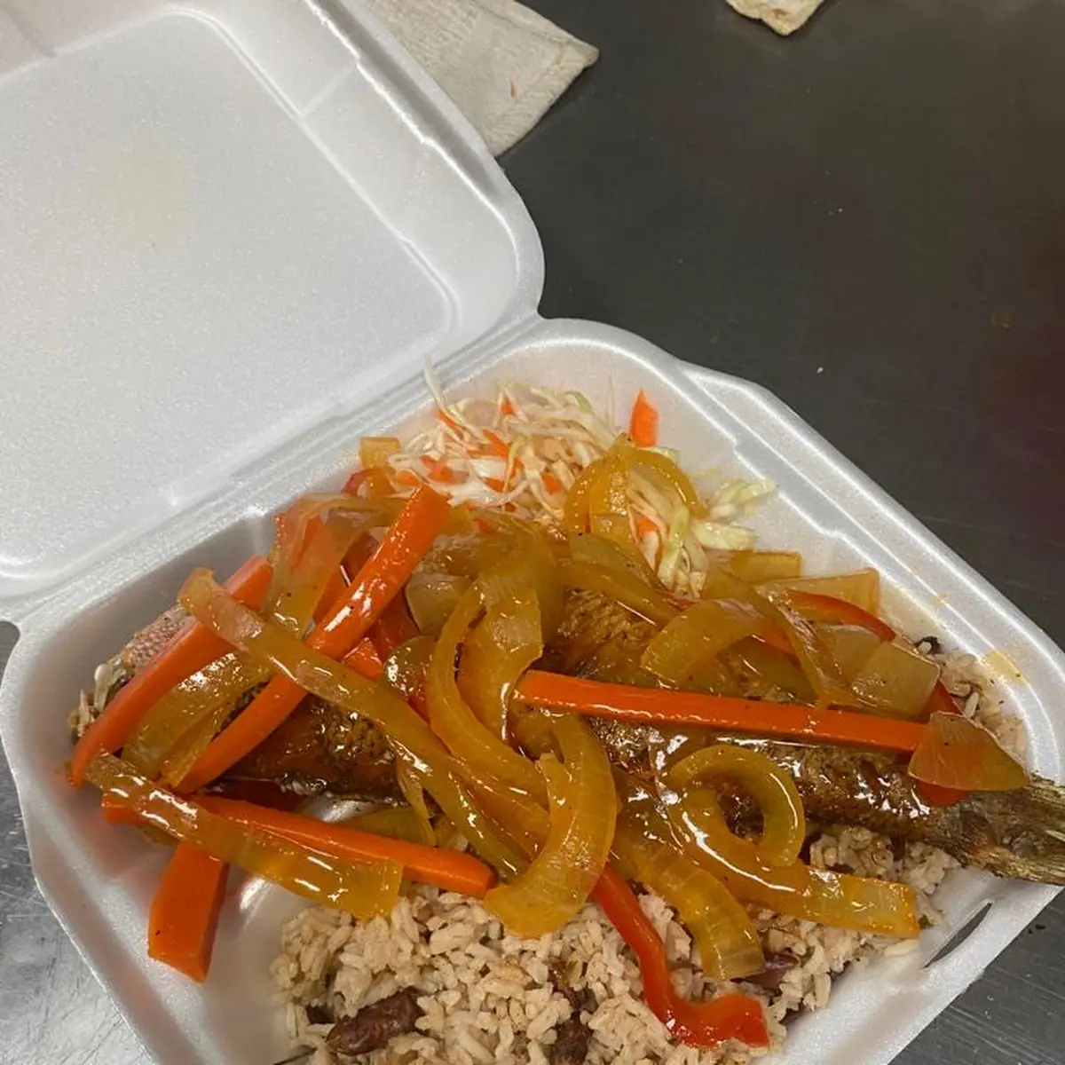 Brown Stew Red Snapper with Rice & Peas
