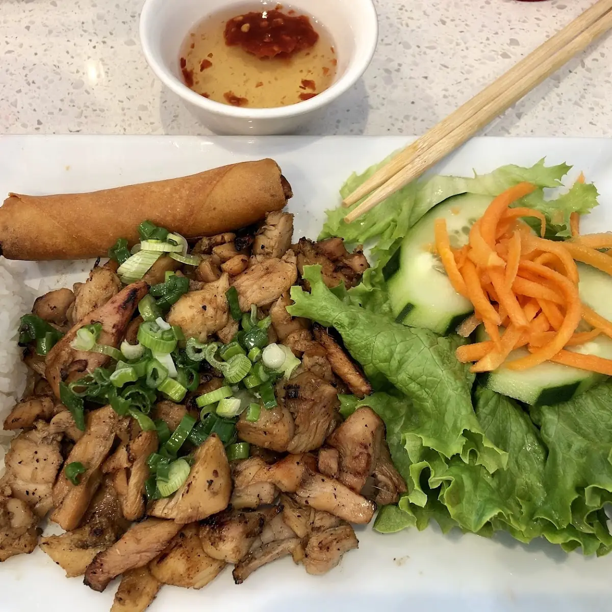Steamed Rice with Grilled Chicken & Egg Rolls