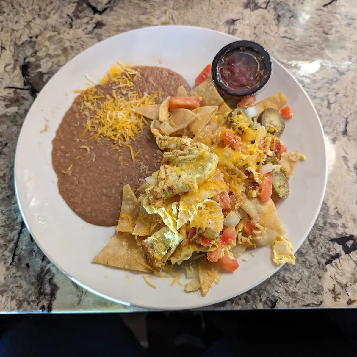Chilaquiles with Scrambled Eggs and Beans
