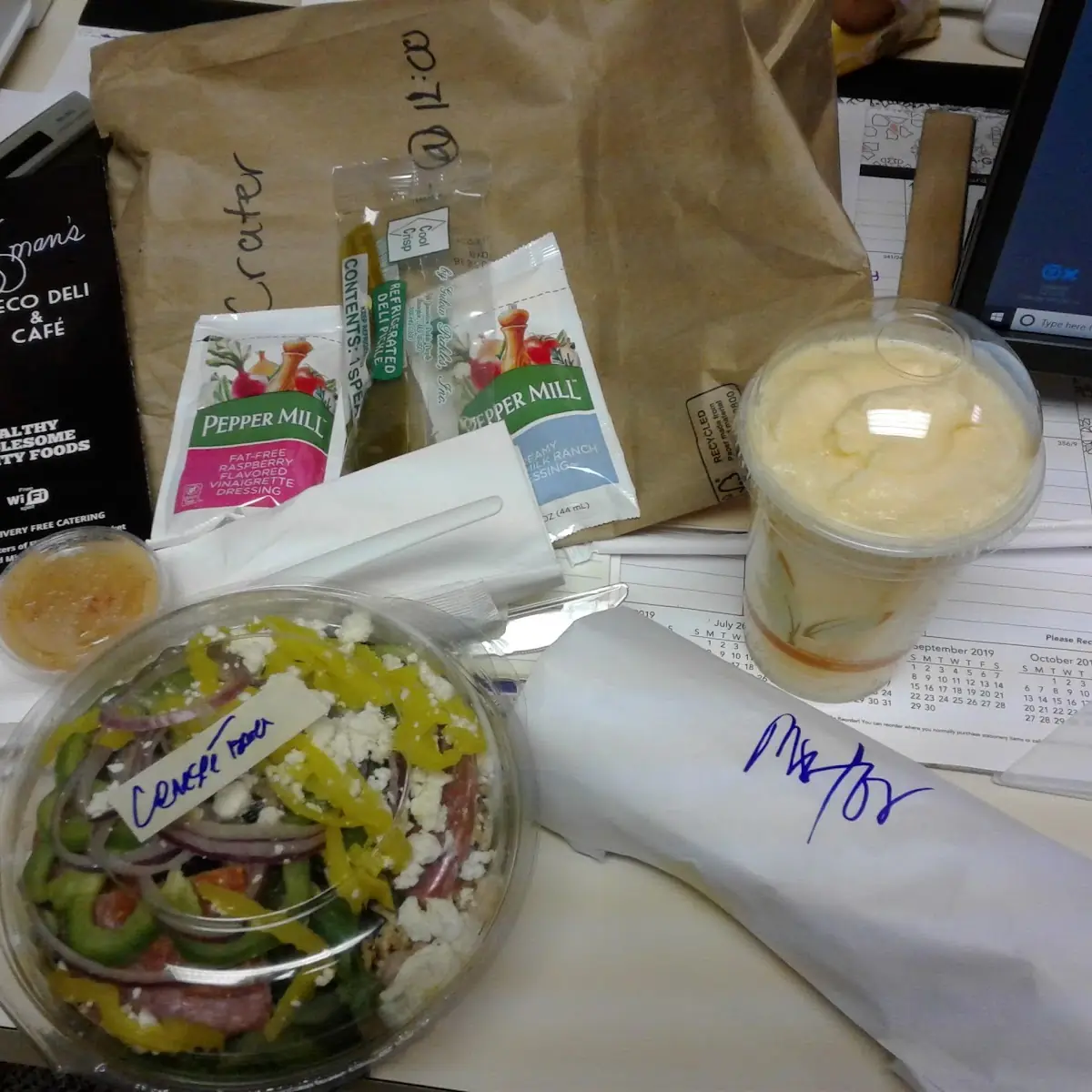 Chicken Salad Philly Cheese Steak Wrap and Peach Smoothie