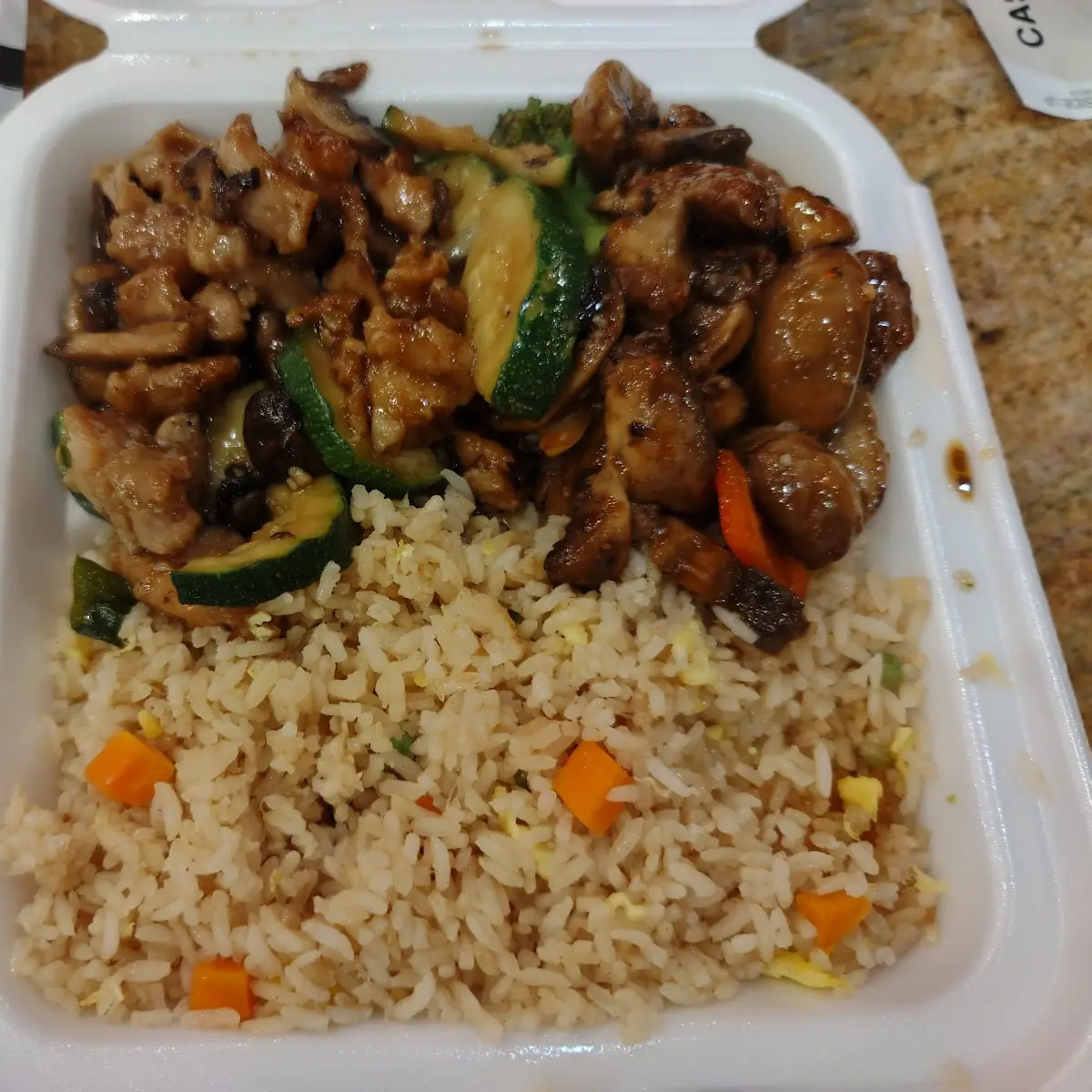 Mushroom Chicken Angus Steak and Fried Rice