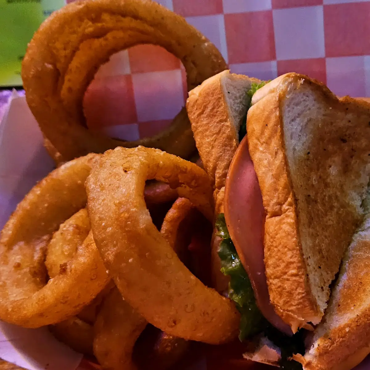 Fried Bologna Sammy with Onion Rings
