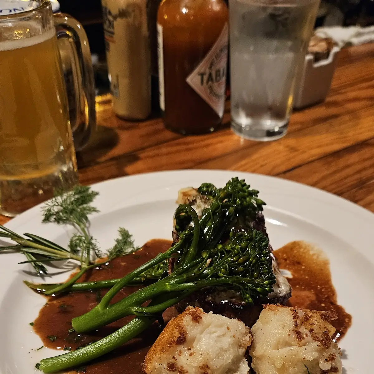 Filet Mignon with Mashed Potatoes Gravy and Broccolini