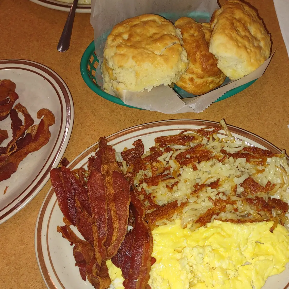 Soft Scrambled Eggs with Scattered Hash Browns Bacon Bacon with Fresh Coffee