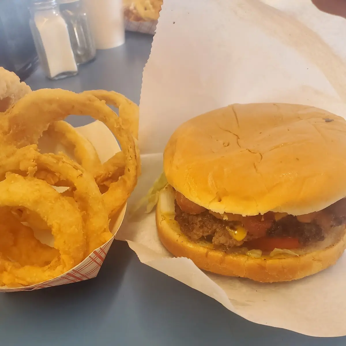 Bacon Cheeseburger and Onion Rings