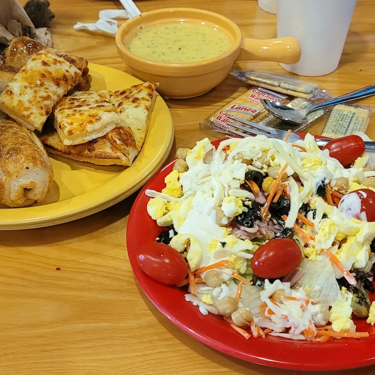 Salad Cheesy Bread and Broccoli Soup