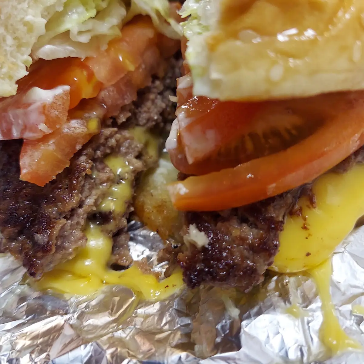 Double Bacon Cheeseburger with Fried Onions Lettuce Tomato and Bacon