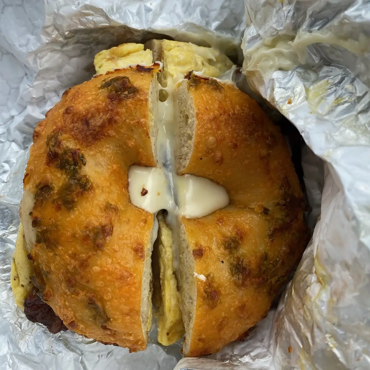 Jalapeno and Cheese Bagel with Sausage and Egg