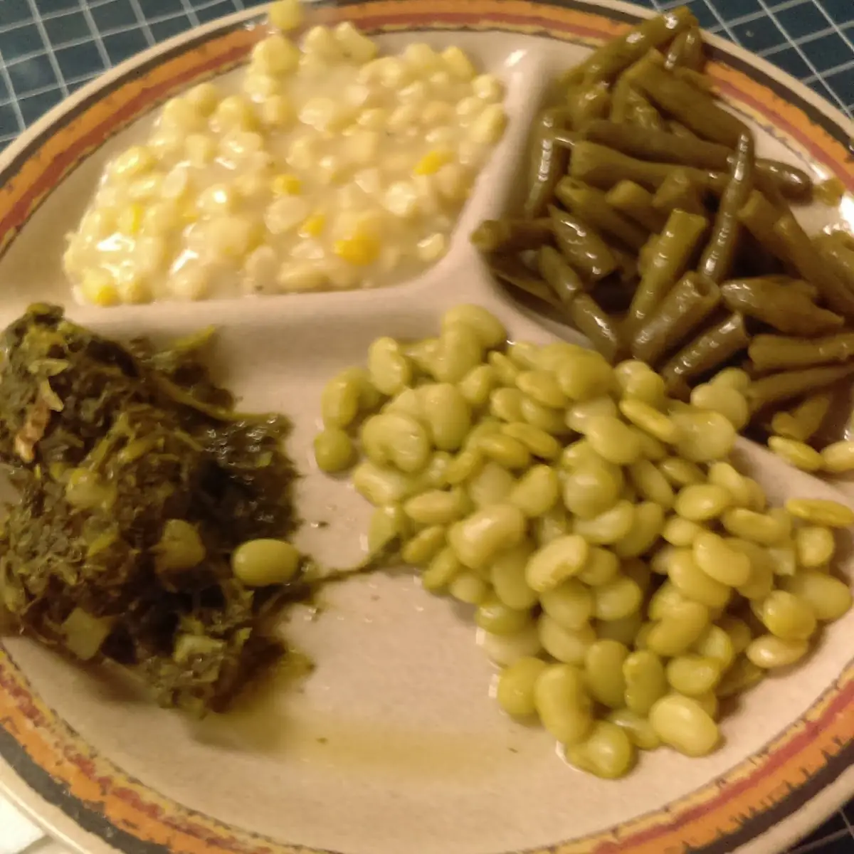 Fried Chicken Chicken Livers Cream Style Corn Lima Beans and Green Beans