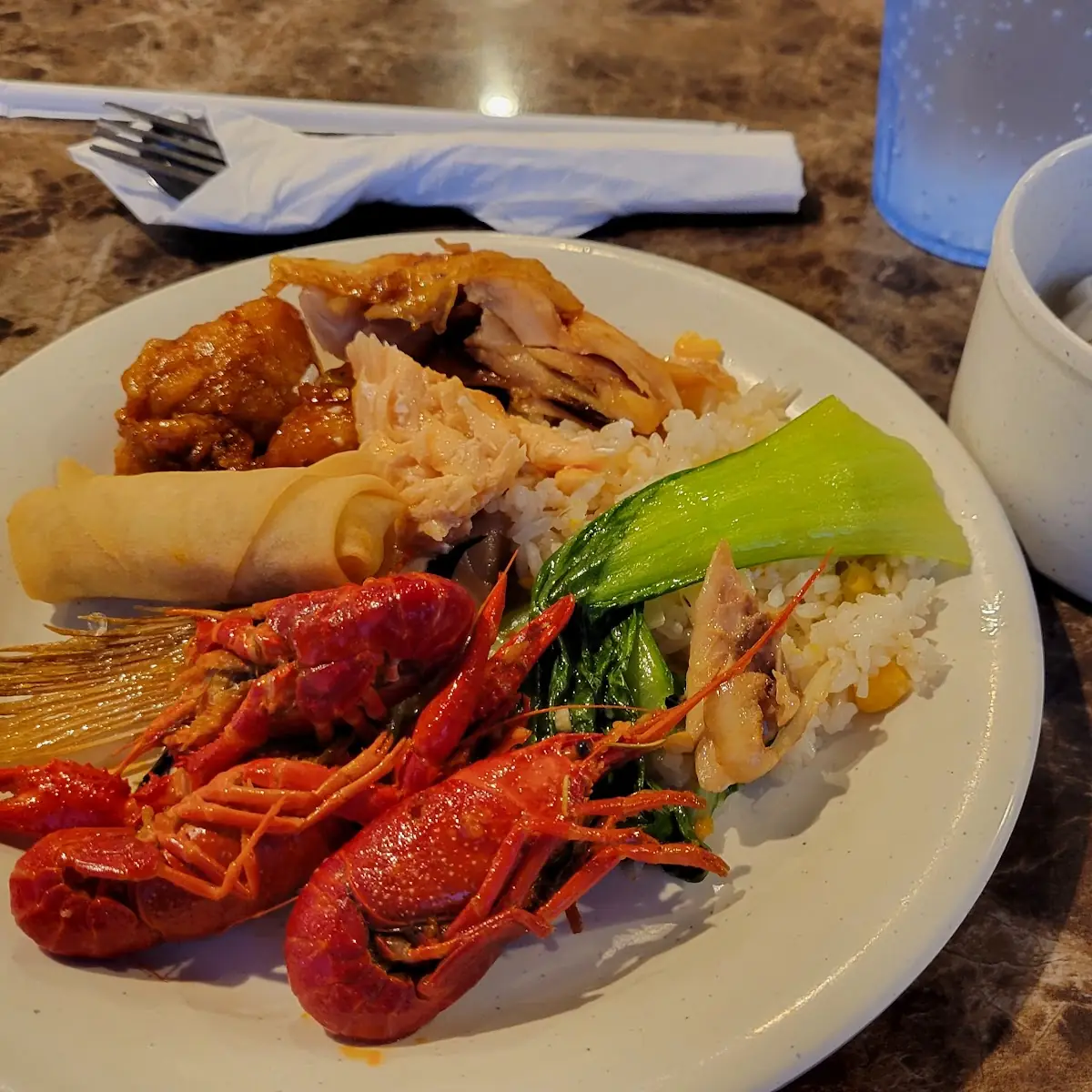 Crawfish Spring Roll Salmon Collar Bok Choi Pork & Shrimp Dumpling Soup