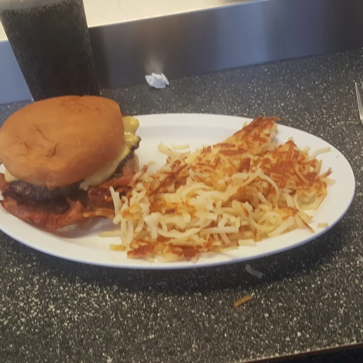Double Bacon Cheeseburger with Grilled Onions & Well Done Hashbrowns