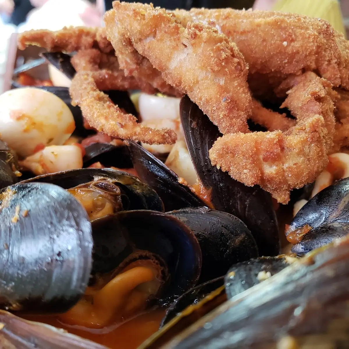 Seafood Combo w Soft Shell Crab over Linguine