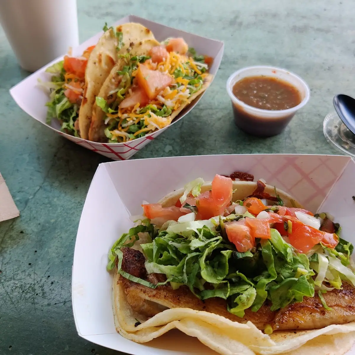 Ground Beef Taco in Back Fish Taco in Front
