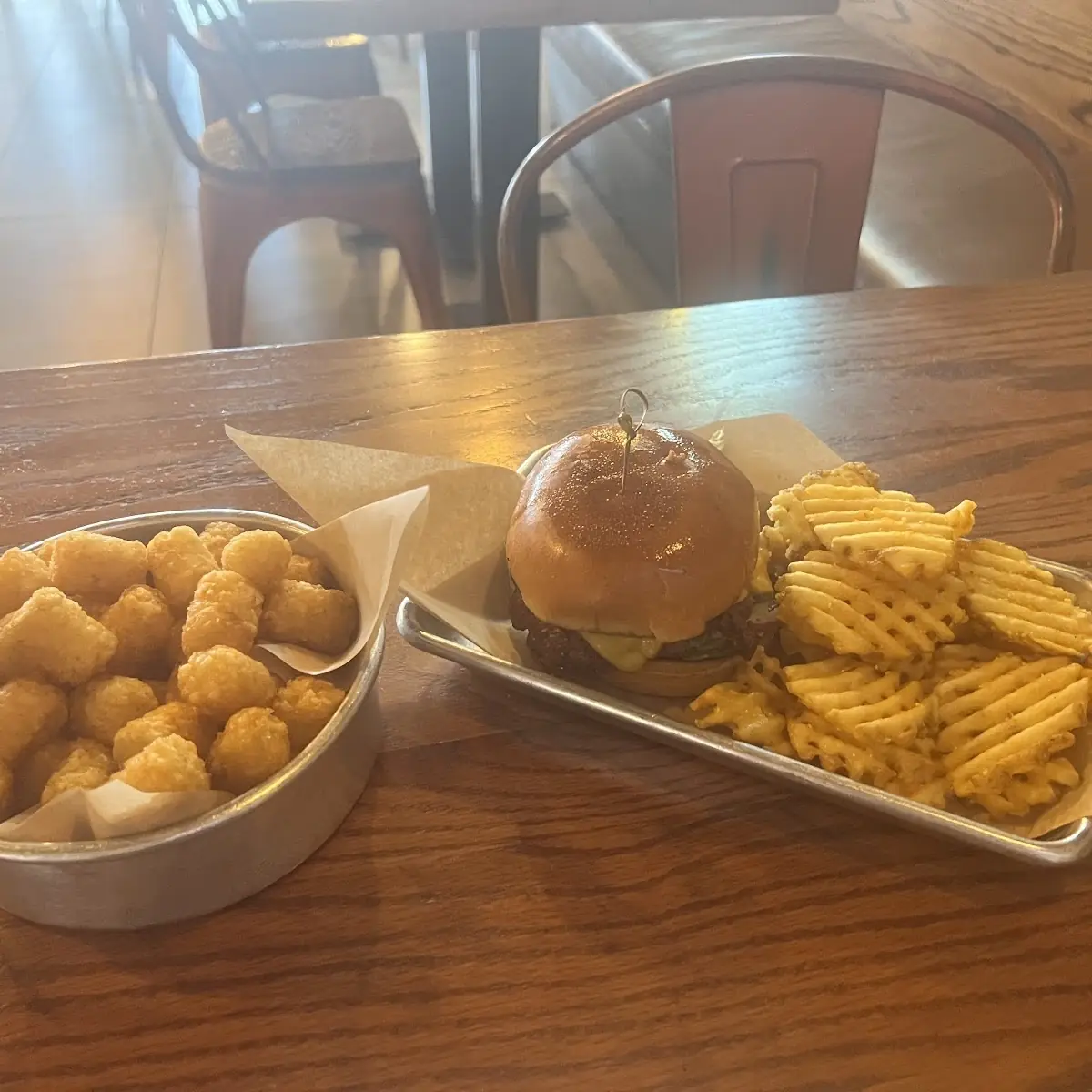 Smash Burger with Waffle Fries & Tots