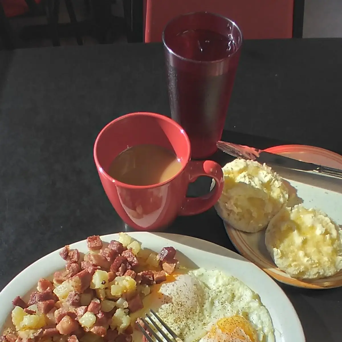 Corned Beef Hash 2 Eggs over Easy and Hash Browns