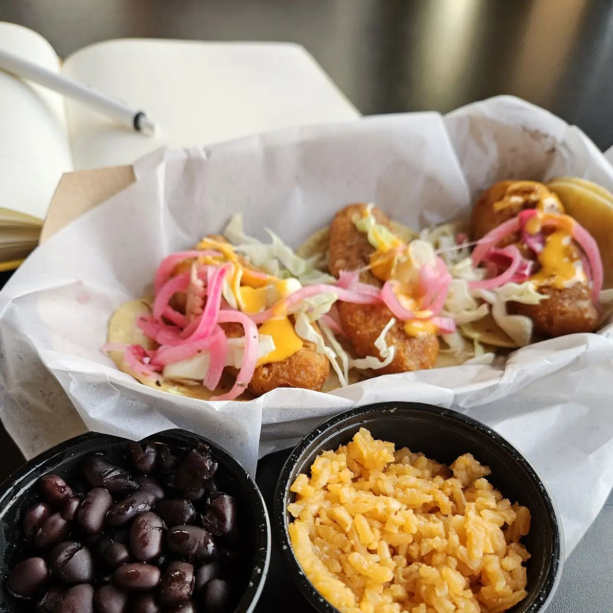 Fish Tacos Black Beans and Mexican Rice