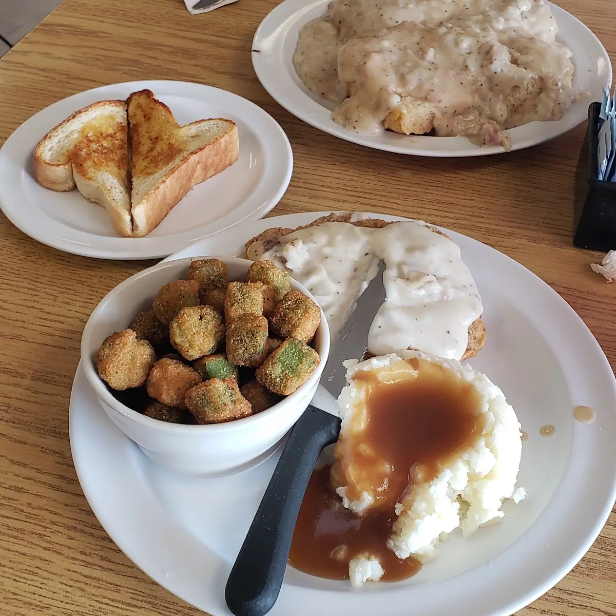 Country Fried Steak with Fried Okra and Mashpotatoes