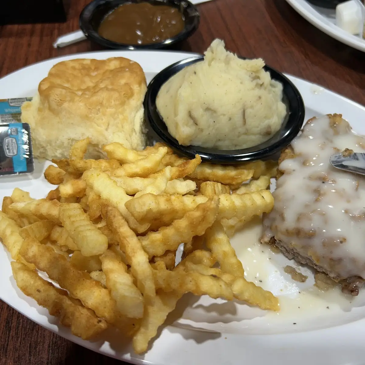 Chicken Fried Steak Garlic Mashed Potatoes and Fries