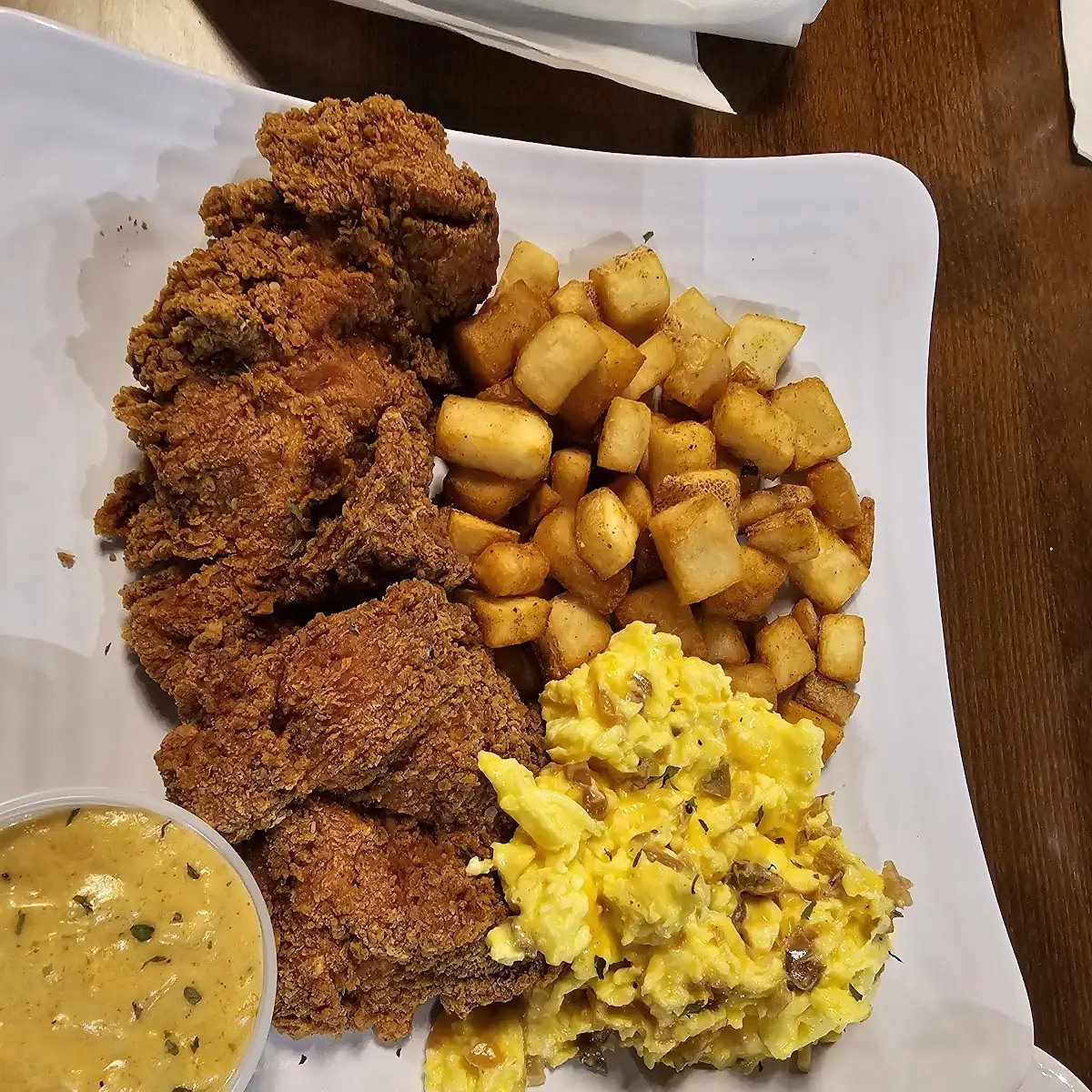 Chicken Fried Chicken Breast Deep Fried Breast Gravy Breakfast Potatoes 2 Eggs