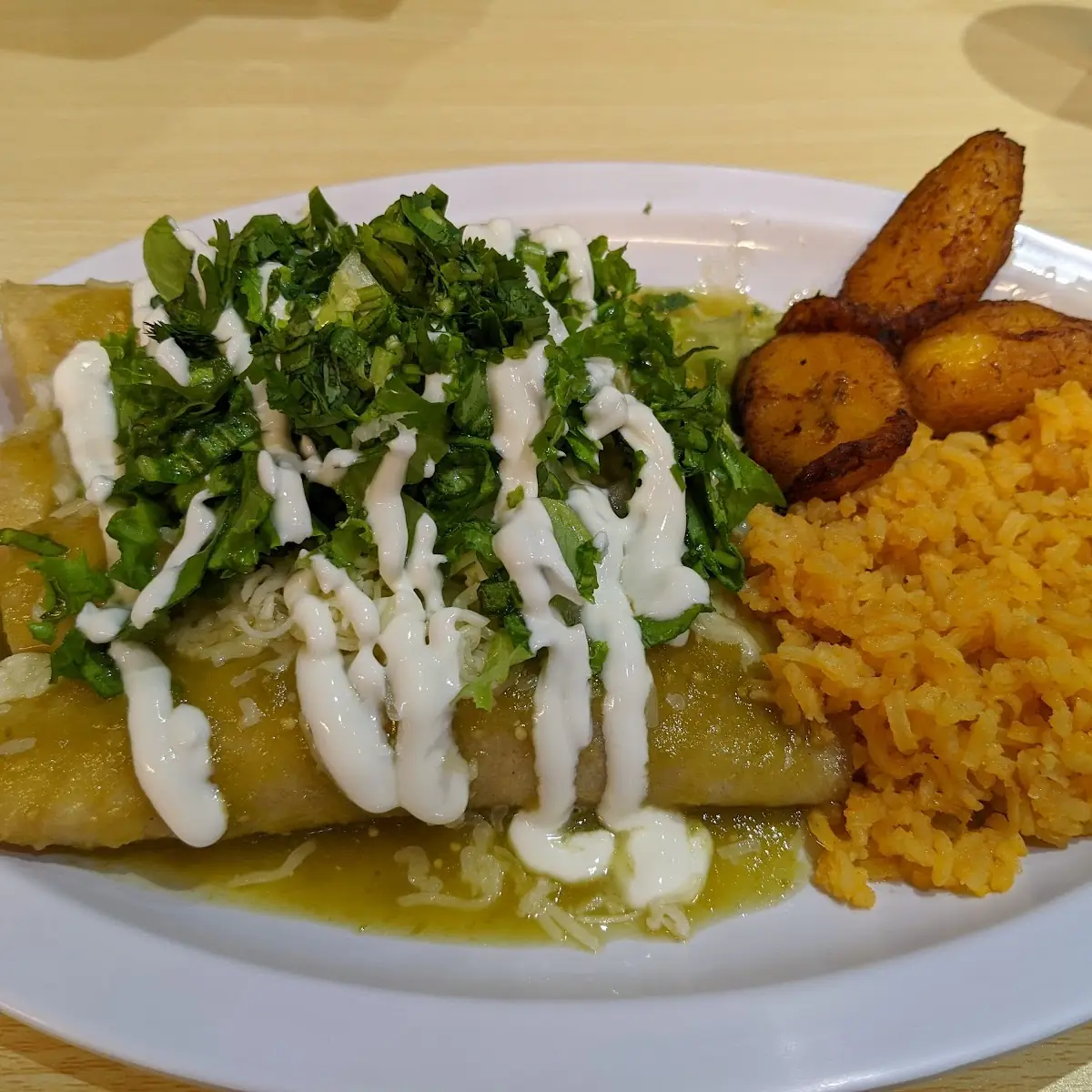 Embueltos with Mexican Rice and Fried Plantain