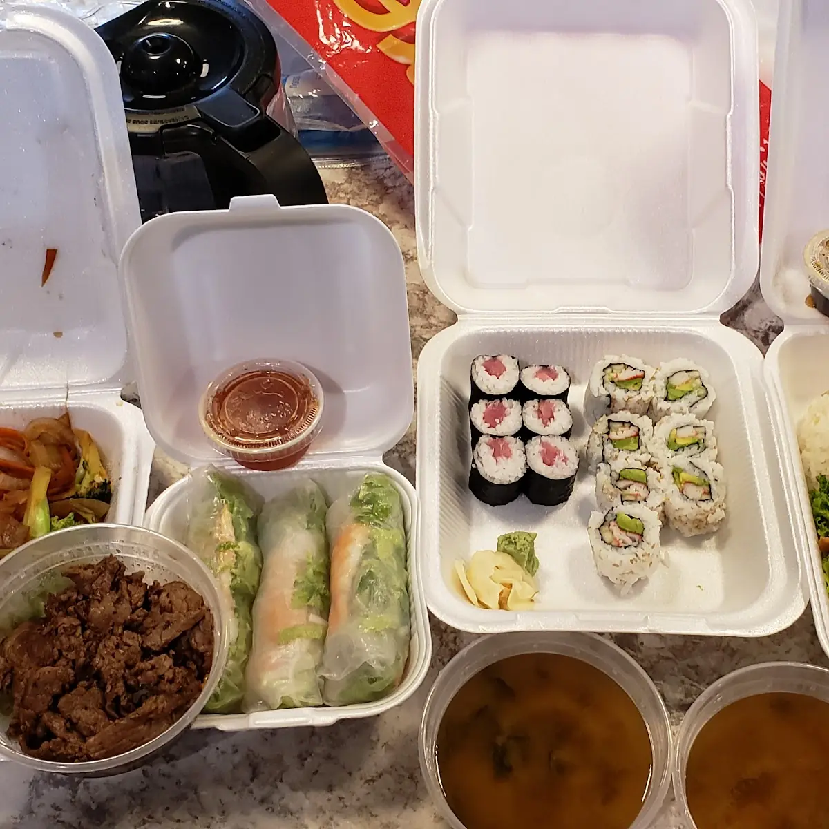 Beef Bulgogi Spring Roll Tuna Sashimi California Roll Chicken Tempura Shrimp and Veggies