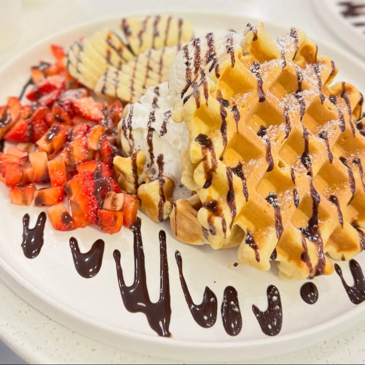 Strawberry Banana Nutella Waffle with Vanilla Ice Cream