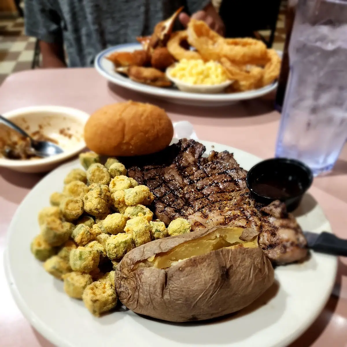 Rib Eye Steak Mac and Cheese and Fried Okra