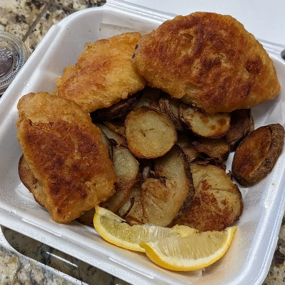 Battered Fish with Potato Medallions