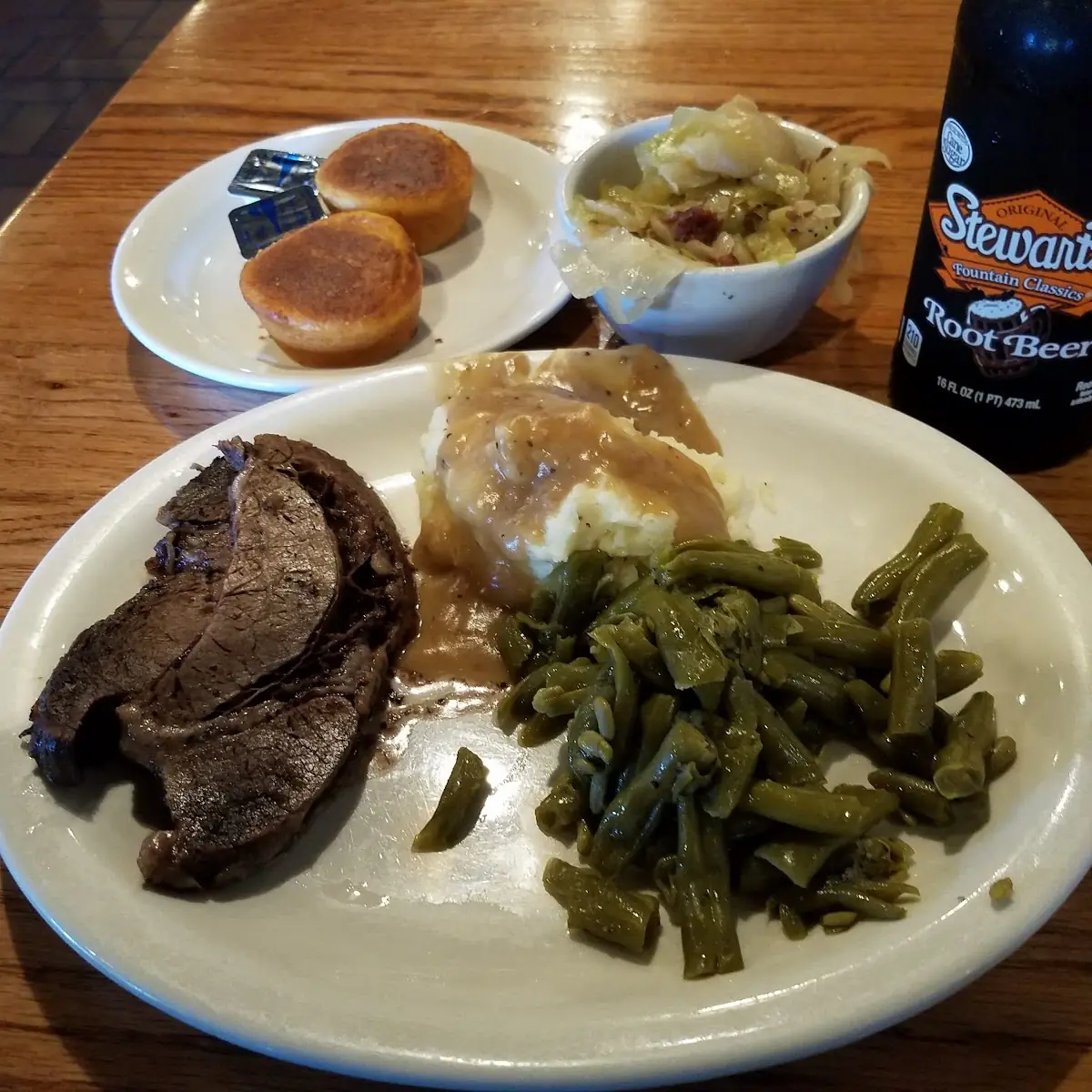 Roast Beef with Mashed Potatoes and Gravy Green Beans and Boiled Cabbage