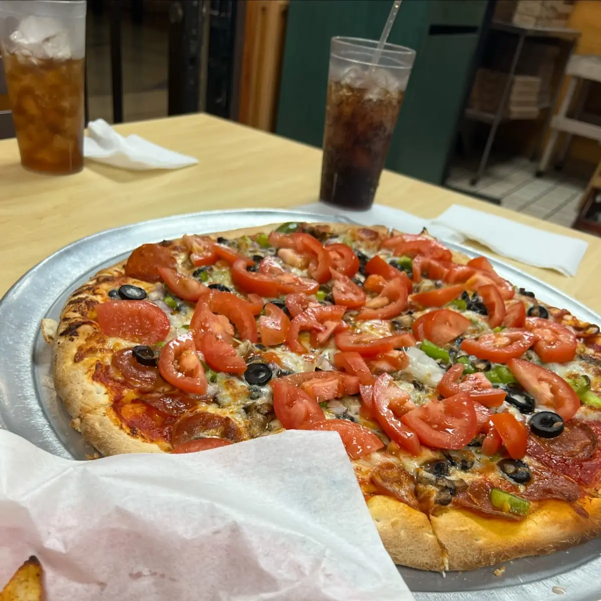 Veggie Pizza with Pepperoni Pizza
