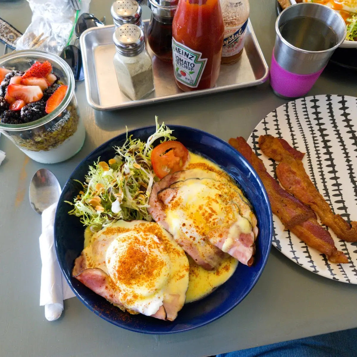 Eggs Benedict w Side of Bacon and a Parfait