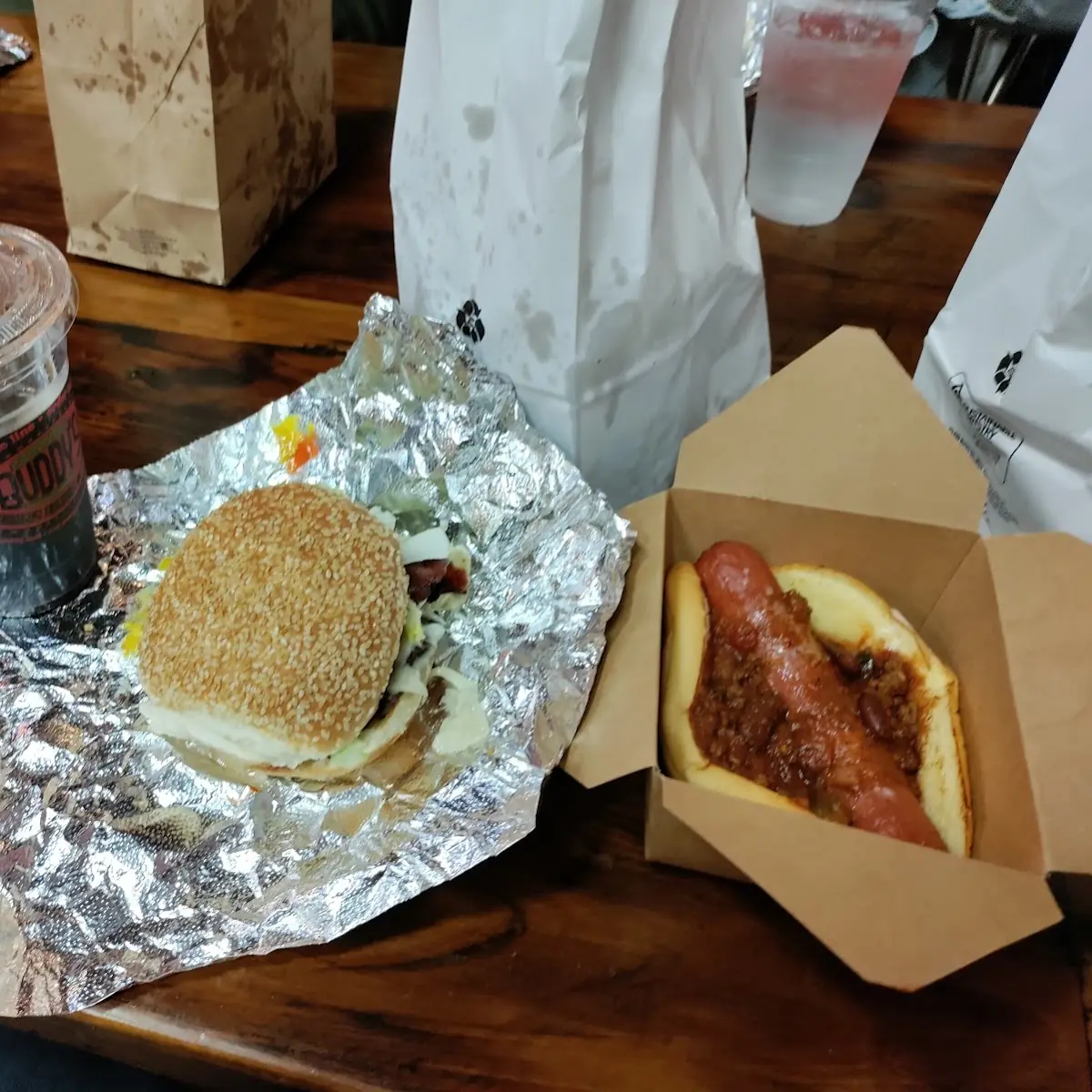 Double Cheeseburger Everything on It and a Chili Cheese Dog