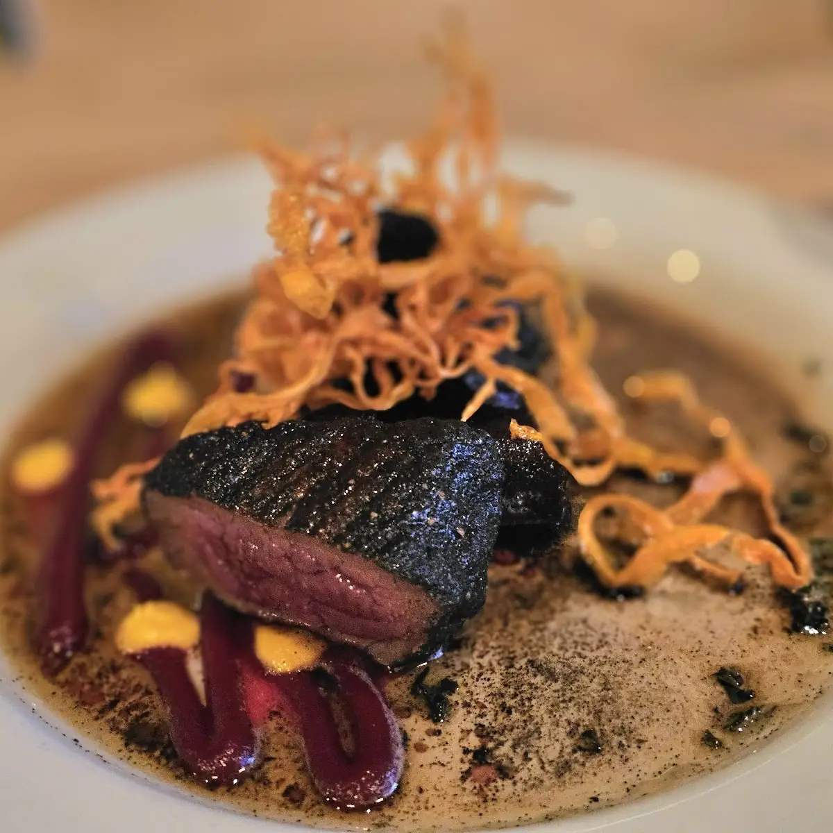 Coffee Dusted Seared Venison Roasted Beets Carrot Purée Beet Blood Spruce Sea Salt Carrot Chips