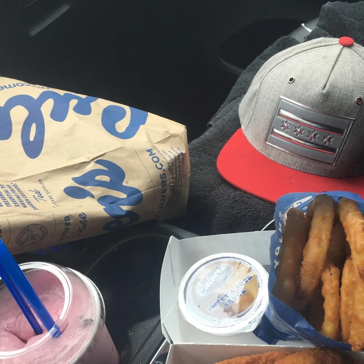 Chicken Fingers and Onion Rings Strawberry Shake