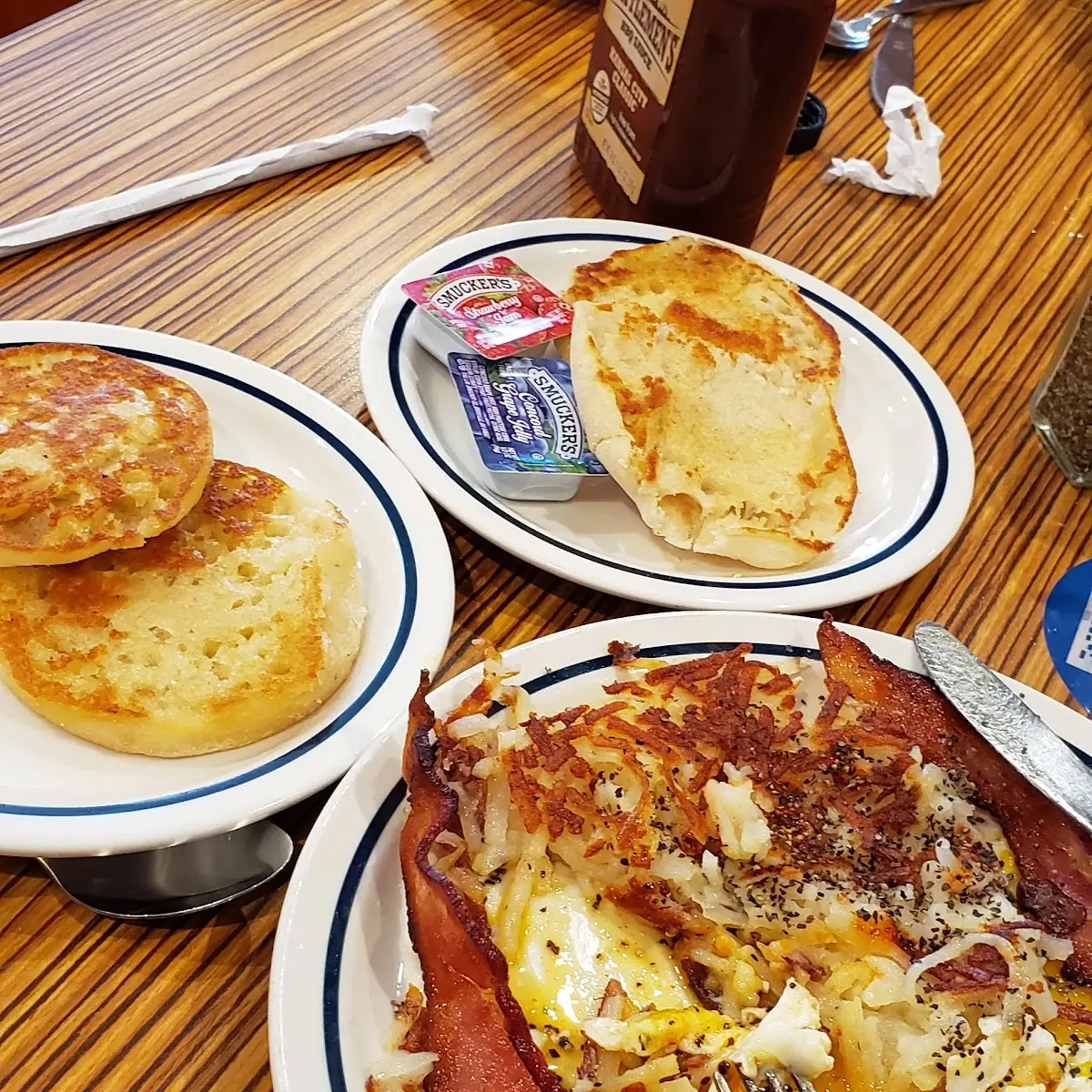 Two Eggs over Easy with Extra Crispy Hash Browns and Bacon