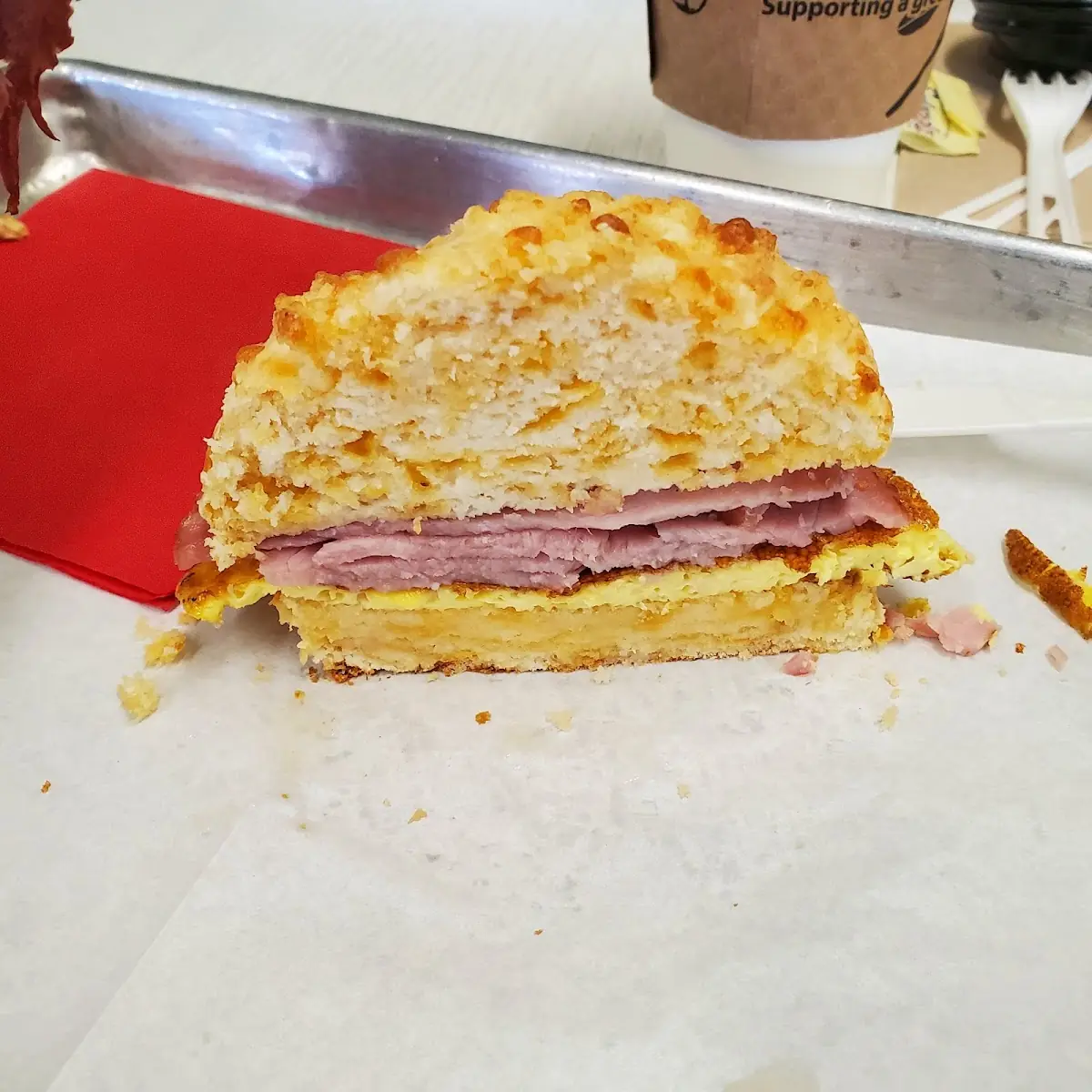 Ham Egg and Cheese on a Cheddar Biscuit