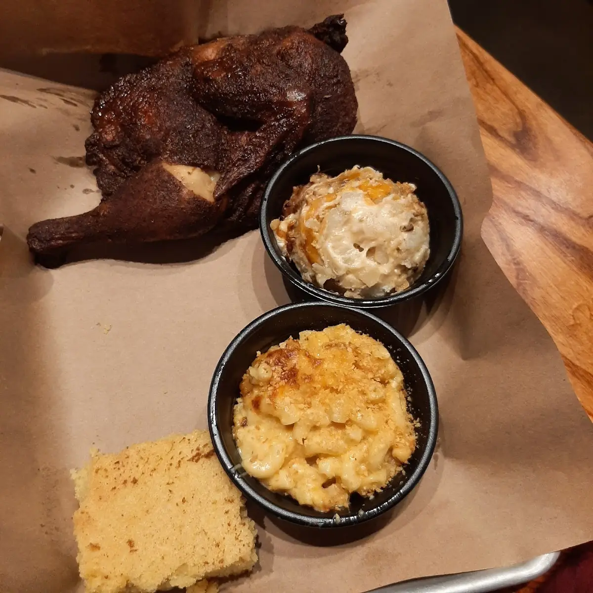 Yard Bird Pulled Pork Potato Salad Mac N Cheese and Corn Bread