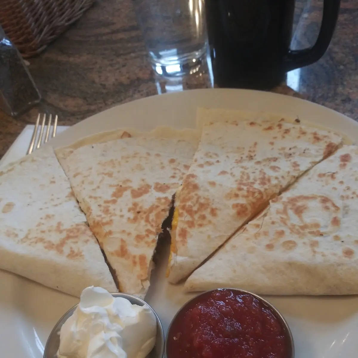 Breakfast Quesadilla with Bacon Salsa and Sour Cream
