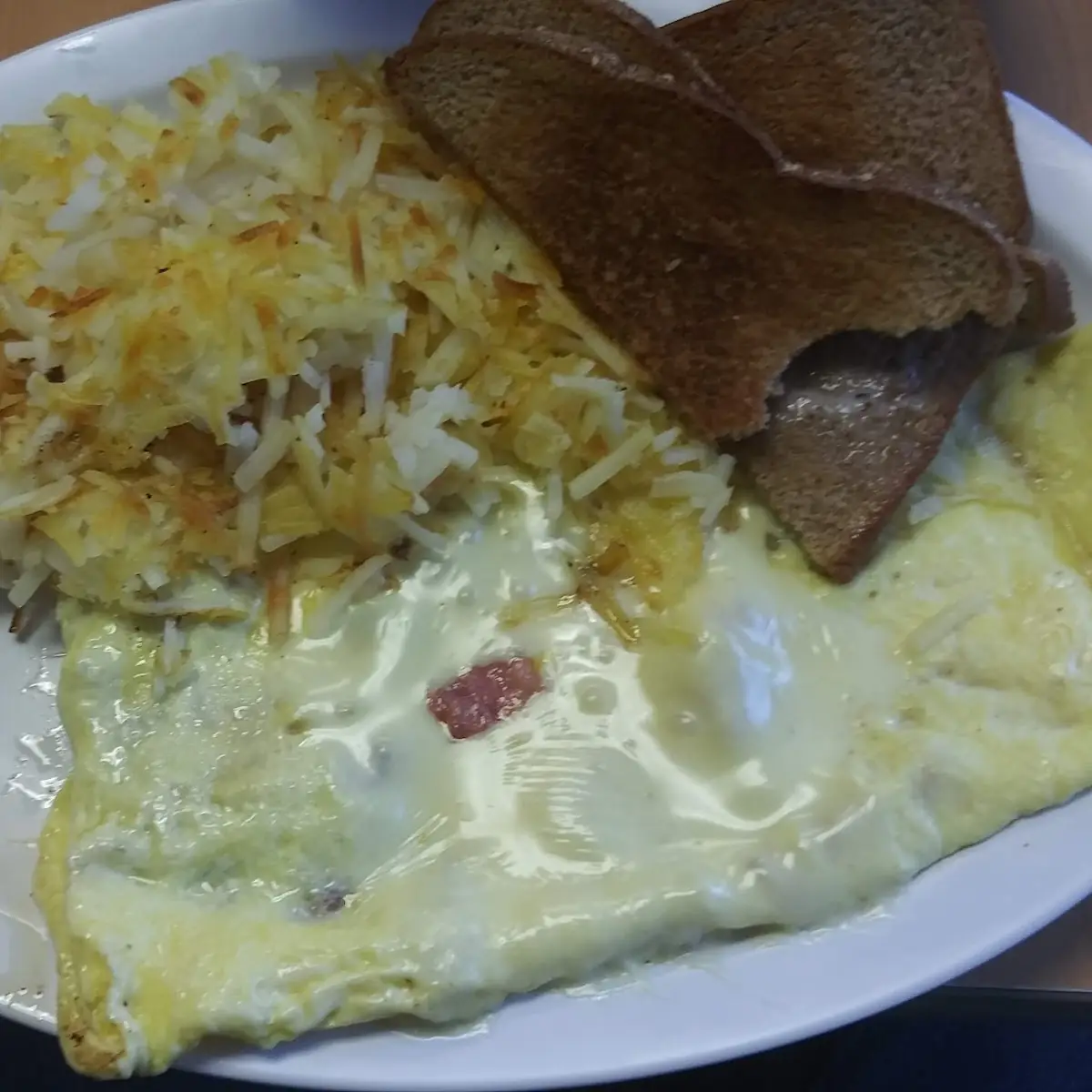 Ham & Cheese Omelette with Hash Browns and Wheat Toast