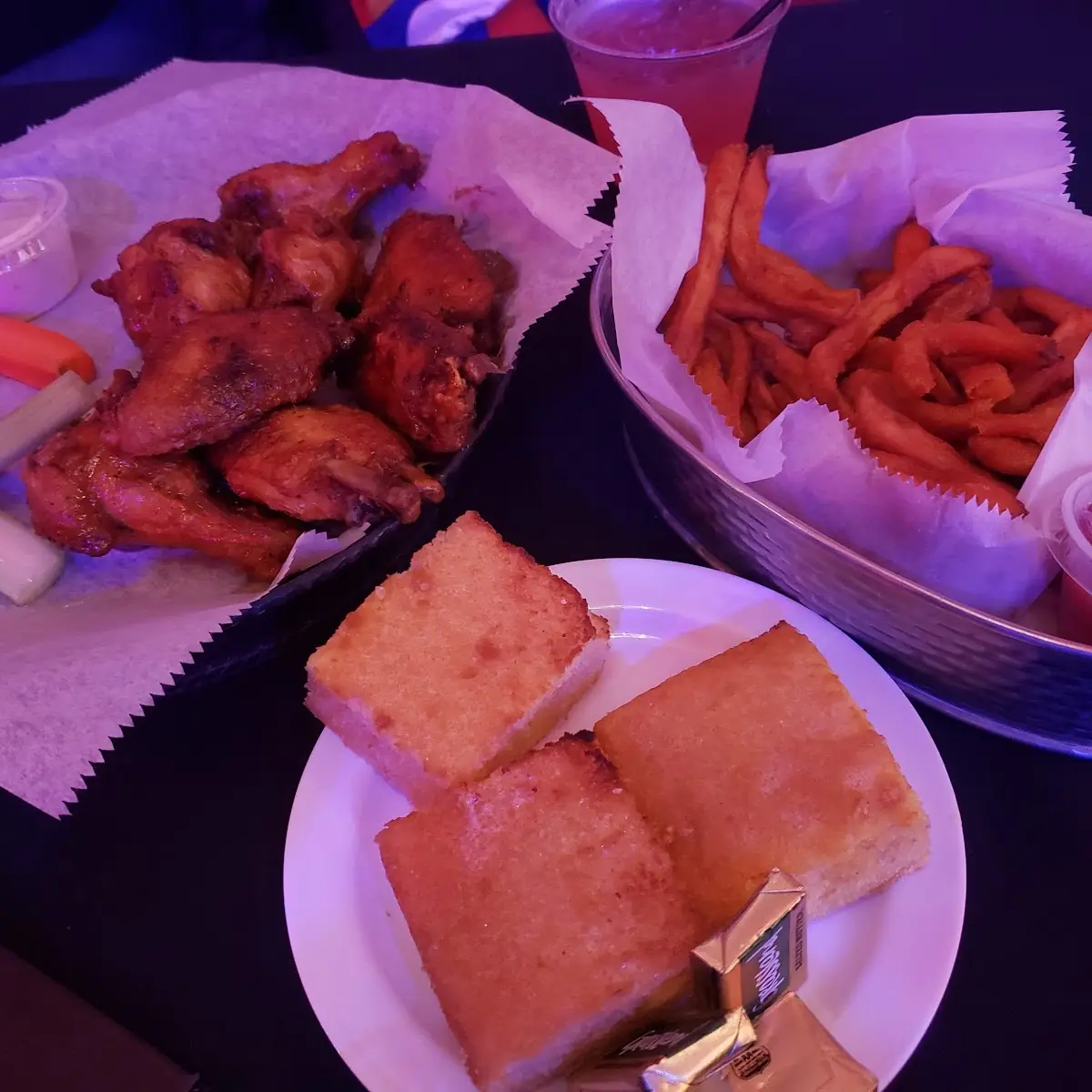 Chicken Wings Sweet Potatoes Fries and Cornbread