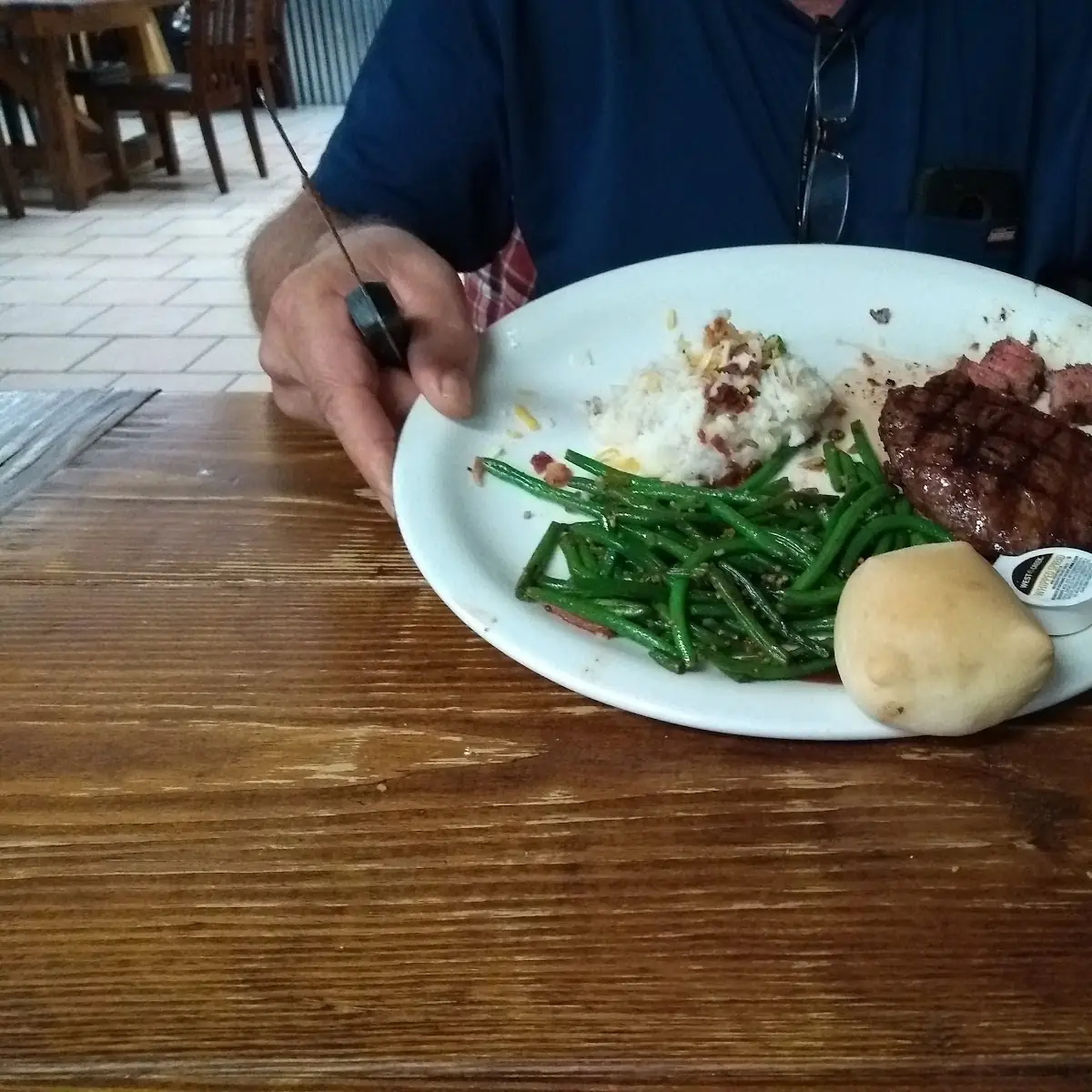 Flat Iron Steak Green Beans Loaded Mashed Potatoes and a Roll