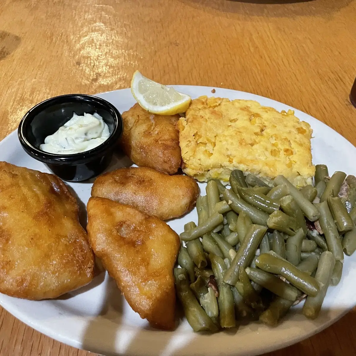 Fried Cod with Scalloped Corn & Green Beans and Rice