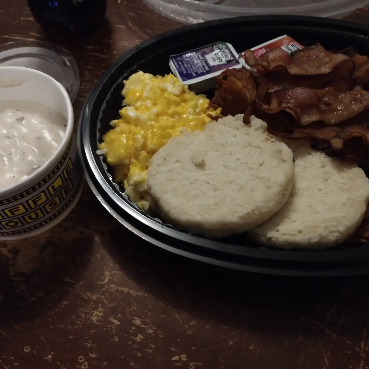 Biscuits Gravy Scrambled Eggs with Cheese Well Done Bacon Extra Bacon Well Done Hashbrowns