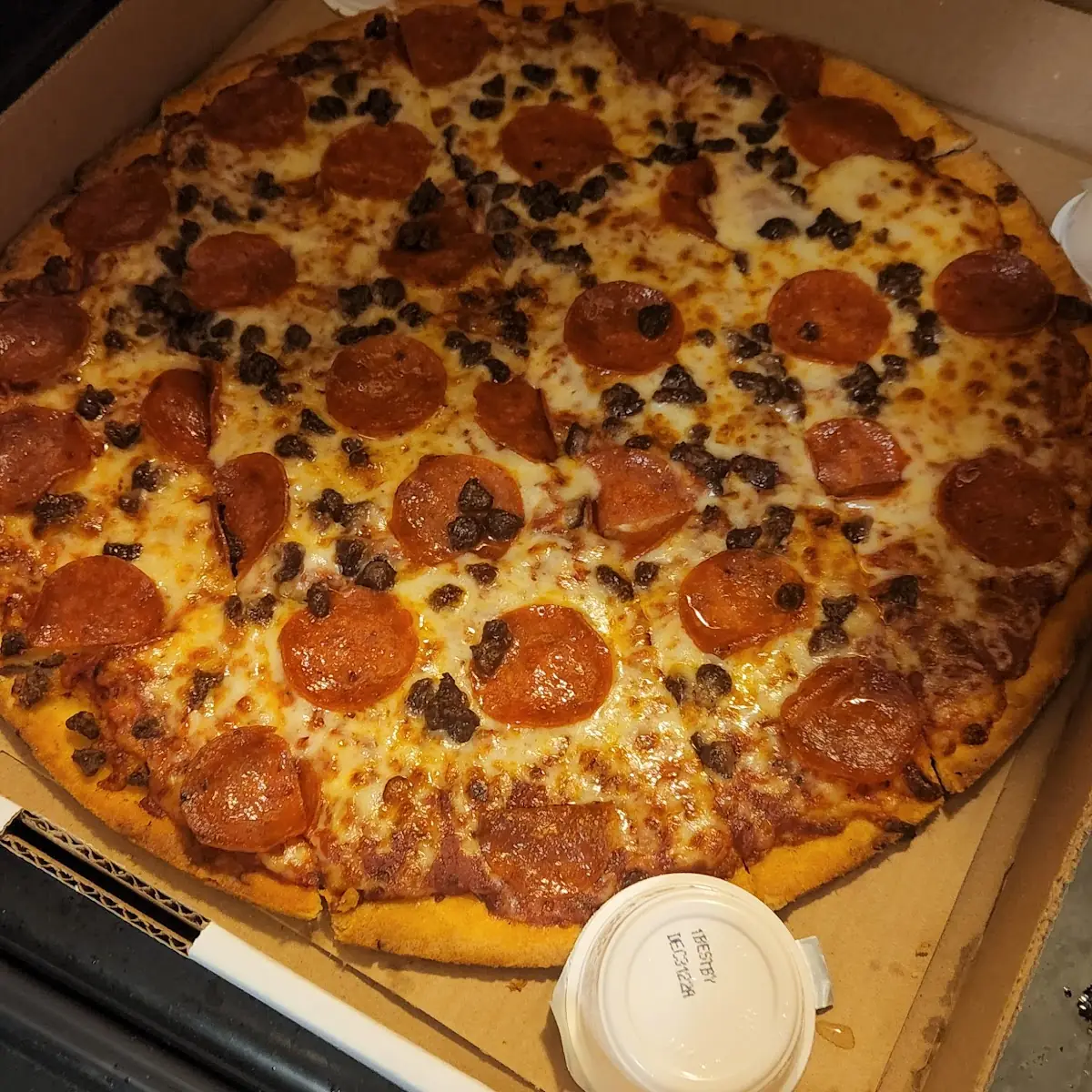 Thin Crust Pepperoni and Hamburger Meat