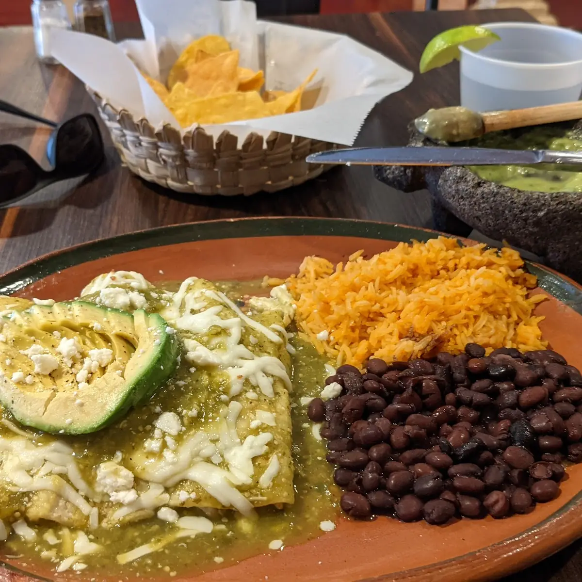Enchiladas Verdes with Rice Beans and 3 Chicken Enchiladas